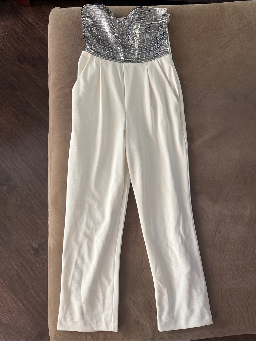 Express Strapless Silver Sequin Bust Ivory Jumpsuit